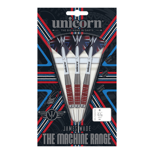 Unicorn The Machine James Wade 90% steel darts Das Bild zeigt eine Verpackung mit drei Steeldarts der Marke "Unicorn" aus der "James Wade The Machine Range". Die Darts bestehen zu 90% aus Tungsten und haben rote und silberne Akzente.