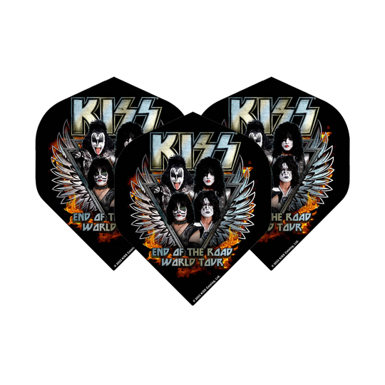 Mission Kiss End Of The Road No2 Standard Flights Das Bild zeigt drei Standard-Flights für Dartpfeile mit dem Motiv der Band KISS und dem Schriftzug "End of the Road World Tour". Auf den Flights sind die Bandmitglieder mit ihrem typischen Make-up und Flügeln abgebildet.