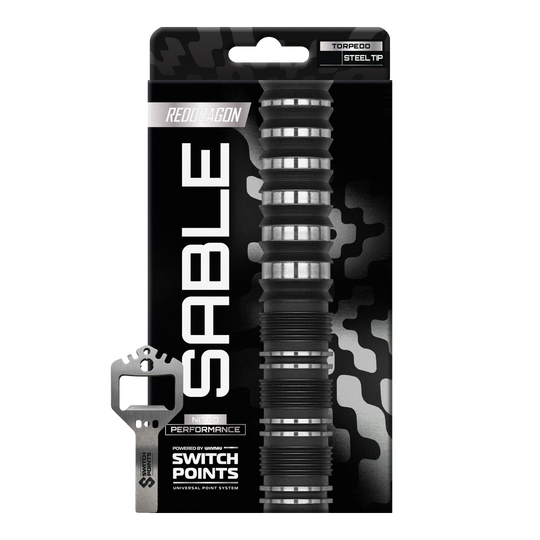 Red Dragon Sable Torpedo Switch Point Steel Darts Hier sieht man die Red Dragon Sable Torpedo Switch Point Steeldarts einzeln dargestellt. Die Oberfläche und das Material der Darts sind gut zu erkennen.