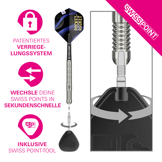 Target Justin Hood Swiss Points Steeldarts - 23g Abgebildet ist das Produkt Target Justin Hood Swiss Points Steeldarts - 23g. Es handelt sich um hochwertige Steeldarts für den professionellen Einsatz.