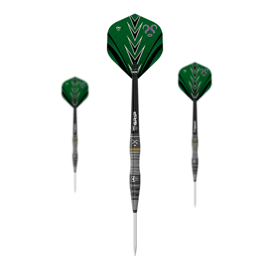 Bulls Brian Raman The Riddler Steeldarts Auf dem Bild sind drei Steeldarts des Modells "Bulls Brian Raman The Riddler" zu sehen. Die Flights sind vorwiegend grün mit schwarzen und weißen Akzenten sowie einem lilafarbenen Fragezeichen.