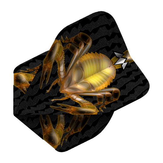 Mission Solo Scorpion No2 Standard Flights Das Bild zeigt ein schwarzes Dartflugblatt mit einem goldenen Skorpion-Design in der Mitte. Im Hintergrund sind wellenförmige Muster zu sehen.