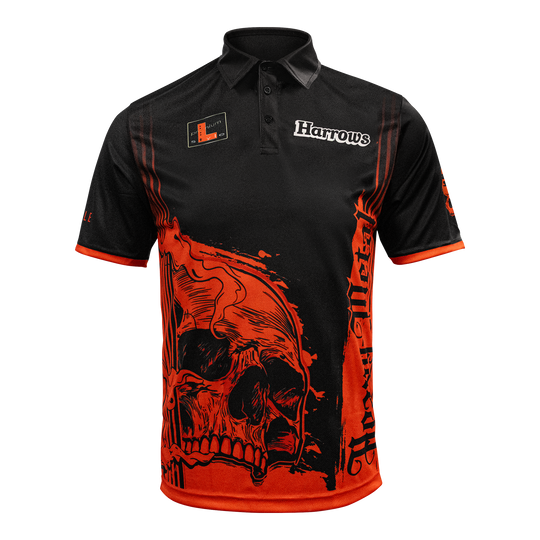 Harrow's Ryan Searle Heavy Metal Player Shirt Das Bild zeigt das Harrows Ryan Searle Heavy Metal Playershirt. Es ist ein spezielles Dartshirt, das für Spieler entworfen wurde.