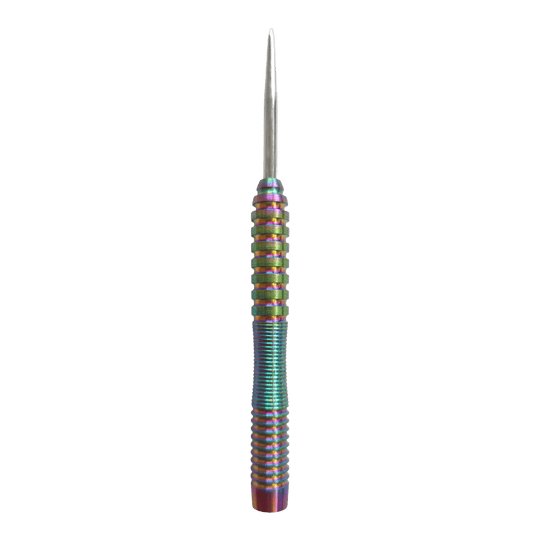 Das Bild zeigt die McDart Rainbow 3 Steeldart-Barrels - 22g. Es handelt sich um Dart-Barrels mit auffälligem Regenbogen-Design.