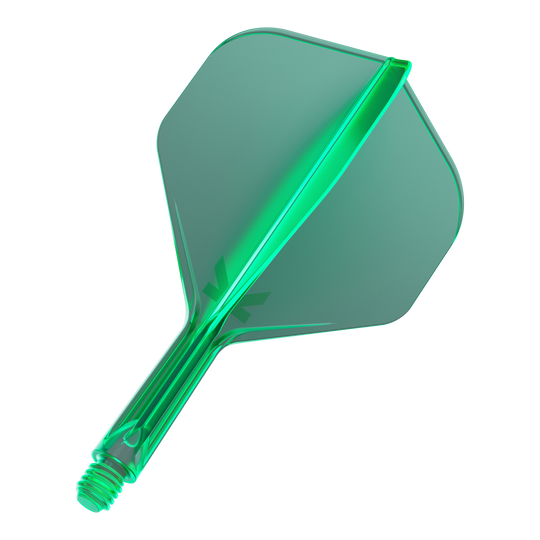 Target K-Flex No2 Standard Flight System - Green Das Bild zeigt ein grünes Dartflight mit integriertem Schaft. Es hat eine standardmäßige, leicht transparente Form.