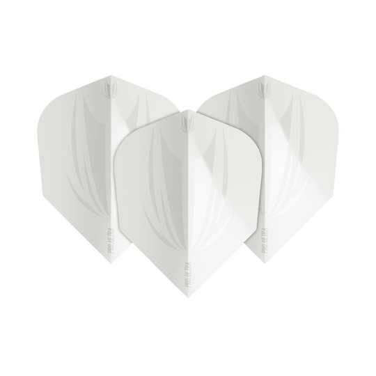 TG411_Target_ProUltra_ID_White_No6_Flights_17NCPfS5ESei2t Das Bild zeigt drei weiße Dartflights des Modells "Target ProUltra ID White No6". Die Flights haben ein dezentes, elegantes Design mit feinen Linien und dem Schriftzug "Pro Ultra".