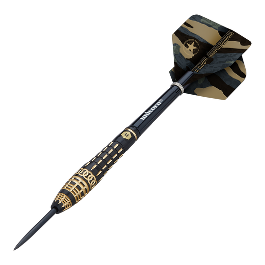 Unicorn Top Brass V4 Steeldarts - 20g Der "Unicorn Top Brass V4 Steeldart - 20g" ist ein eleganter Dartpfeil mit goldenen und schwarzen Akzenten. Am Flight steht "TOP BRASS" auf einem Camouflage-Muster.