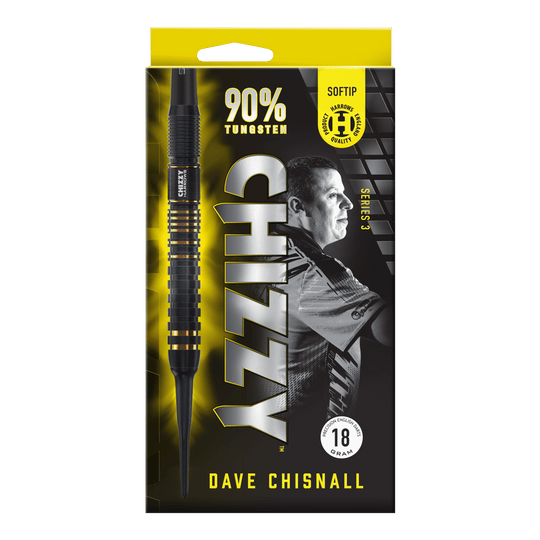 Harrow's Dave Chisnall Chizzy Series 3 soft darts Das Bild zeigt die Verpackung der "Harrows Dave Chisnall Chizzy Series 3 Softdarts". Auf der Verpackung stehen Informationen wie "90% Tungsten", "Softtip" und das Gewicht von 18 Gramm.