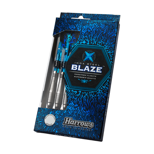 Die Abbildung zeigt die Harrows Blaze Style B Softdarts mit einem Gewicht von 18g in ihrer Verpackung. Das Design der Verpackung ist überwiegend blau mit Flammenmuster und klar sichtbarem Harrows-Logo.