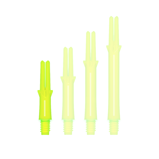 L-L-Style-Shafts Locked Straight - Neon Yellow Auf dem Bild sind vier neon-gelbe Dart-Schäfte in verschiedenen Längen zu sehen. Sie haben ein gerades Design und ein Schraubgewinde am unteren Ende.
