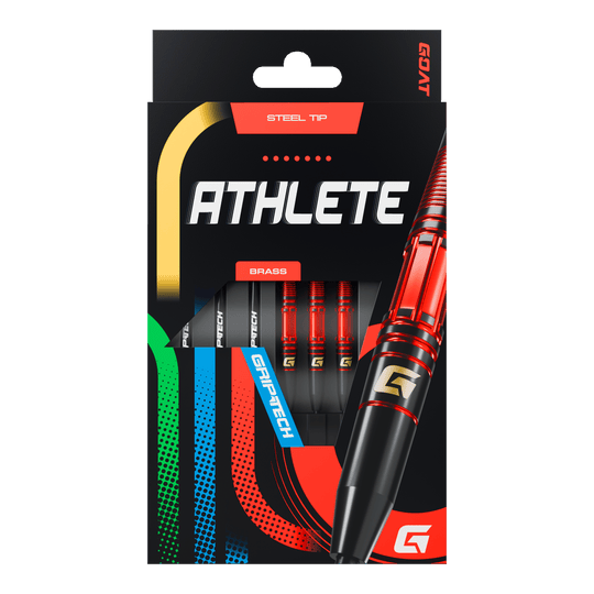 GOAT Athlete Red Brass Steeldarts - 11g Das Bild zeigt die Verpackung der GOAT Athlete Red Brass Steeldarts mit einem Gewicht von 11g. Die Darts haben eine rote und schwarze Farbgebung und verfügen über eine Stahlspitze.