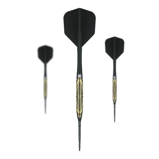 Caliburn Halo H2 steel darts - 22.5g Auf dem Foto sind die Caliburn Halo H2 Steeldarts - 22,5g als komplettes Set zu sehen. Die Steeldarts liegen nebeneinander angeordnet.