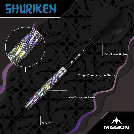 Mission Shuriken Steeldarts sind für ambitionierte Dartspieler geeignet. Das Foto zeigt die Mission Shuriken Steeldarts aus einer anderen Perspektive.