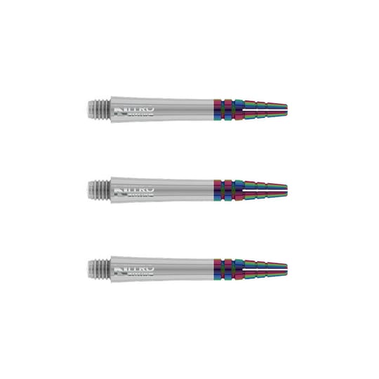 C600_Nitro_Ionic_Short_White_Shafts Das Bild zeigt drei weiße RedDragon Nitrotech Ionic Shafts für Dartpfeile. Sie haben am Ende eine bunte, metallische Verzierung.