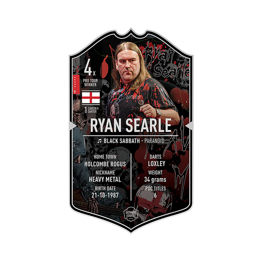 Ultimate Darts Card - Ryan Searle Das Bild zeigt die „Ultimate Darts Card“ von Ryan Searle. Auf der Karte sind Informationen zu seinem Spitznamen, Geburtsdatum, Herkunft und Erfolgen im Dartsport zu sehen.