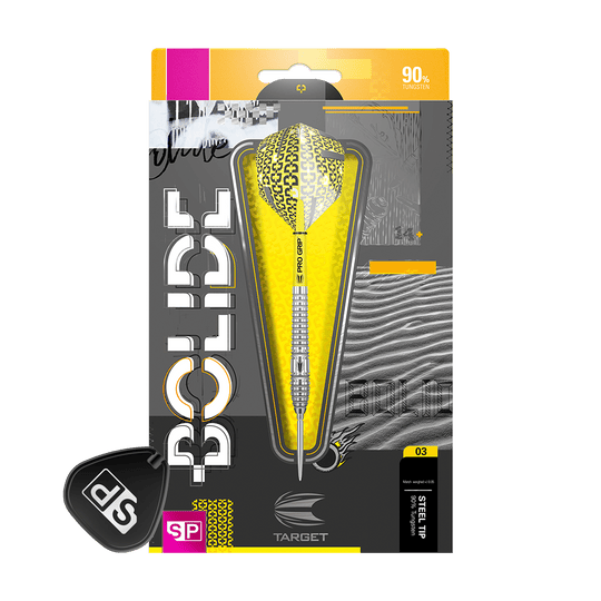 190057_Target_Bolide_03_Swiss_Point_Steeldarts_3UUUoFdBqd6UmH Das Bild zeigt die Steeldarts "Target Bolide 03 Swiss Point" in einer auffälligen gelb-schwarzen Verpackung. Auf der Schachtel sind Informationen wie 90% Tungsten und das Swiss Point-System zu sehen.