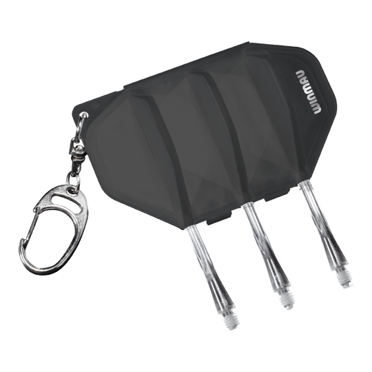 Winmau Fusion Flight Case - Clear Black Das Bild zeigt das Winmau Fusion Flightcase in der Farbe Clear Black. Es besitzt einen Schlüsselanhänger und Platz für Darts-Flights und -Shafts.