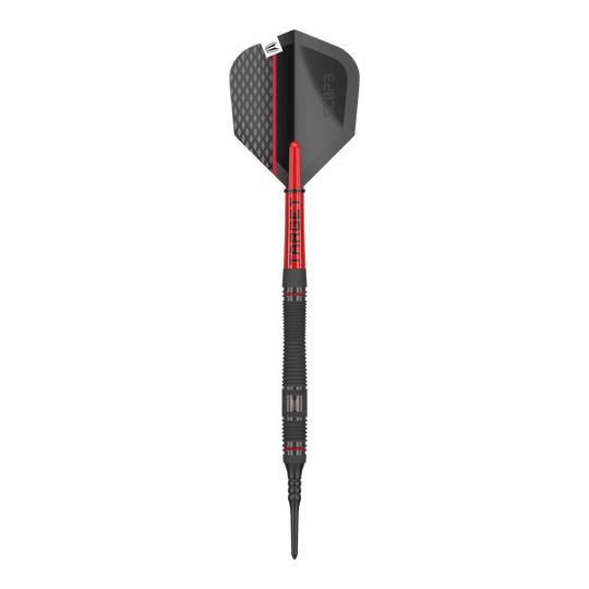 Target Scope 11 Soft Darts Das Bild zeigt einen Softdart namens "Target Scope 11 Softdarts". Der Dart ist schwarz und rot mit einem modernen Design und einer strukturierten Oberfläche.