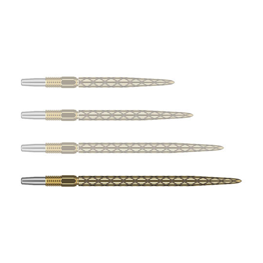 Target Swiss Diamond Pro Gold dart tips Ein einzelnes Bild zeigt eine goldfarbene Dartspitze mit schlanker Form. Die Spitze erscheint robust verarbeitet.