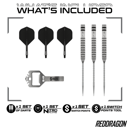 Gezeigt werden die Red Dragon Gian Van Veen Tour Edition Switch Point Steeldarts - 21g. Das moderne Design unterstützt ein präzises Spiel.