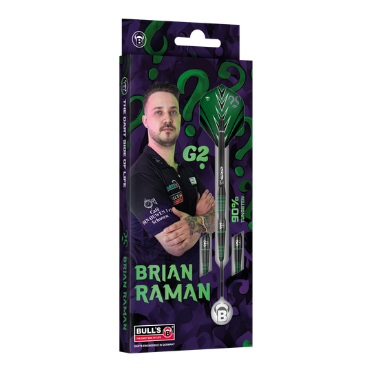 Bulls Brian Raman G2 steel darts Das Bild stellt die Bulls Brian Raman G2 Steeldarts dar. Dieses hochwertige Dartprodukt ist beliebt bei Spielern.