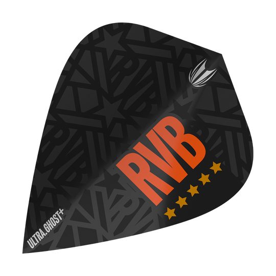 Dies ist ein Target UltraGhost Raymond Van Barneveld GEN2 Kite Flight. Das Flight ist schwarz mit großen orangen Buchstaben "RVB" und fünf gelben Sternen gestaltet.
