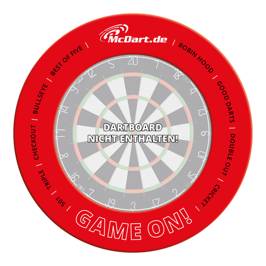 Eine rote Dartboard-Umrandung ist abgebildet. Dies ist die McDart Game On Dartboard Surround 2025 in Rot.