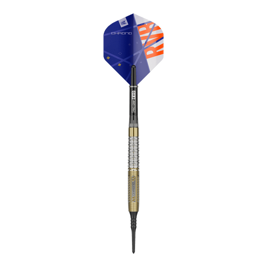 Target Raymond Van Barneveld Chrono 95 soft darts Der Target Raymond Van Barneveld Chrono 95 Softdart ist auf dem Bild zu sehen. Der Dart hat eine goldene und silberne Griffzone sowie blaue Flights mit orangenem Aufdruck.