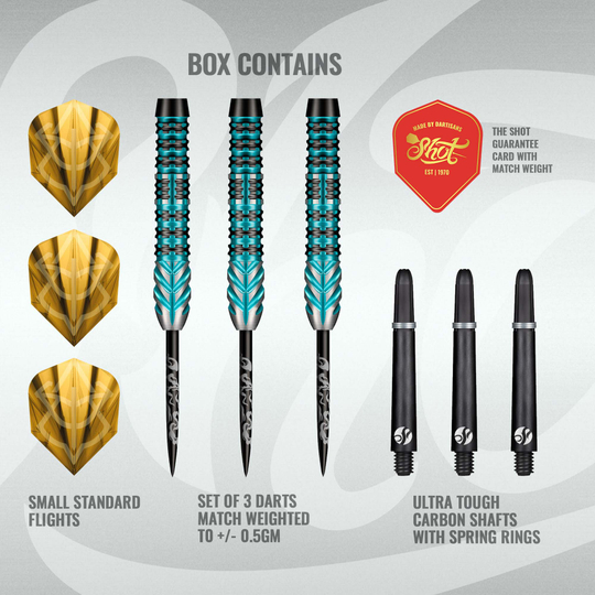 Shot Alchemy Volta steel darts Hier sieht man die Shot Alchemy Volta Steeldarts. Diese Steeldarts sind für klassische Dartboards gedacht.
