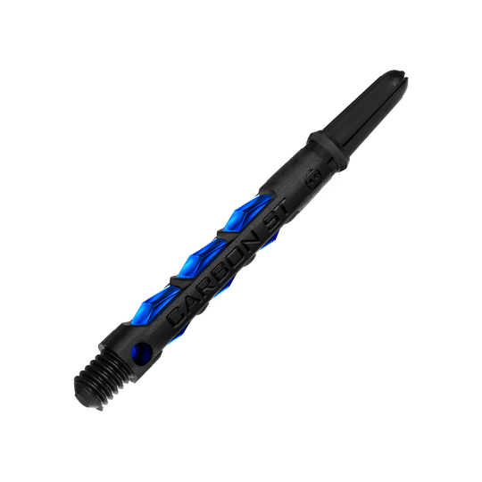 Das Bild zeigt einen Harrows Carbon ST Shafts in der Farbe Blau. Der Schaft hat ein modernes, schwarzes Design mit blauen Akzenten.
