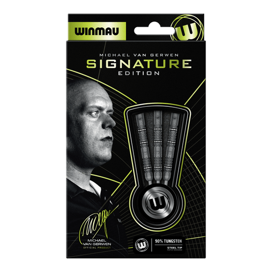 Abgebildet sind die Winmau Michael Van Gerwen Signature Edition Steeldarts. Diese Darts sind speziell für den bekannten Spieler Michael Van Gerwen designt.