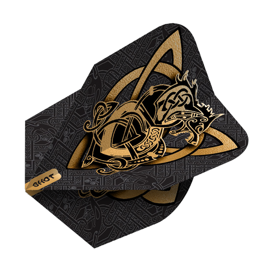 Shot Viking Wolf No. 6 Flights Das Bild zeigt die Shot Viking Wolf No6 Flights mit einem eindrucksvollen goldenen Wikinger-Wolf-Design auf schwarzem Hintergrund. Die Flights sind mit detailreichen, nordisch inspirierten Mustern verziert.