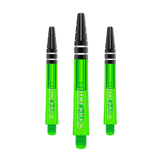 C645_Red_Dragon_Nitrotech_Peter_Wright_Green_Shafts_42mm_1UY5lBhiI2UEEr Das Bild zeigt drei grüne Dartschäfte mit schwarzer Spitze. Auf den Schäften steht das Wort "Snakebite" in weißer Schrift.