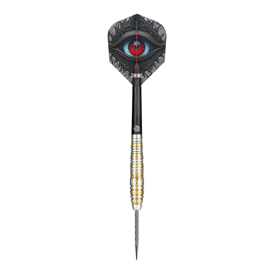 Shot Celt Balor Steeldarts Dieses Bild zeigt einen Steeldartpfeil des Produkts "Shot Celt Balor Steeldarts". Auf dem Flight ist ein auffälliges Auge in blauen und roten Farbtönen abgebildet.
