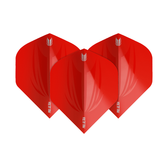 Das Bild zeigt drei rote Dart Flights mit dem Namen "Target ProUltra ID Red No2 Standard Flights". Sie haben ein glänzendes Design und das Logo sowie die Aufschrift "Pro Ultra" sind aufgedruckt.
