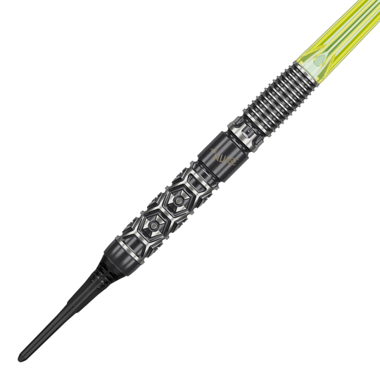 Target Luke Littler Nuke Fallout Soft Darts - 19g Das Bild zeigt die Target Luke Littler Nuke Fallout Softdarts - 19g. Diese Darts sind für Softdart-Spieler geeignet und modern gestaltet.