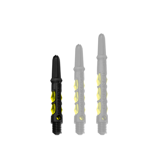 Das Bild zeigt drei Harrows Carbon ST Shafts in Gelb. Sie sind in unterschiedlichen Längen angeordnet und haben ein schwarz-gelbes Design.