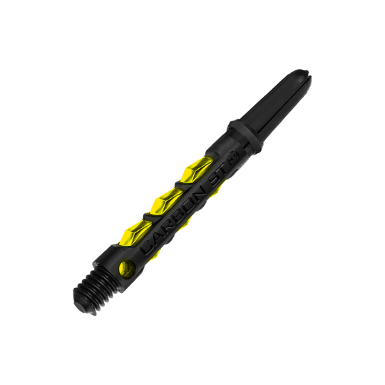 HR420_Harrows_Carbon_ST_Shafts_Gelb_40mm_2 Das Bild zeigt den Harrows Carbon ST Shaft in der Farbe Gelb. Der Schaft liegt vor einem modernen, gelb-schwarzen Hintergrund.