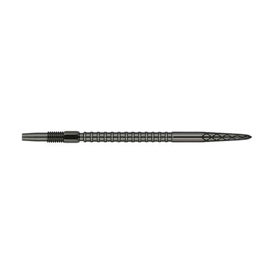 Target Swiss DS Surge Point dart tips - Black Das Bild zeigt eine schwarze Dartspitze mit gerillter Struktur und feiner Diamantmusterung an der Spitze. Die Spitze ist lang und schlank gestaltet und misst 40 mm.