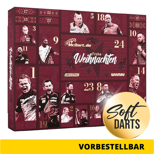 Abgebildet ist der McDart Premium Adventskalender 2026 für Softdart-Spieler. Dieser Adventskalender richtet sich an Softdart-Fans.