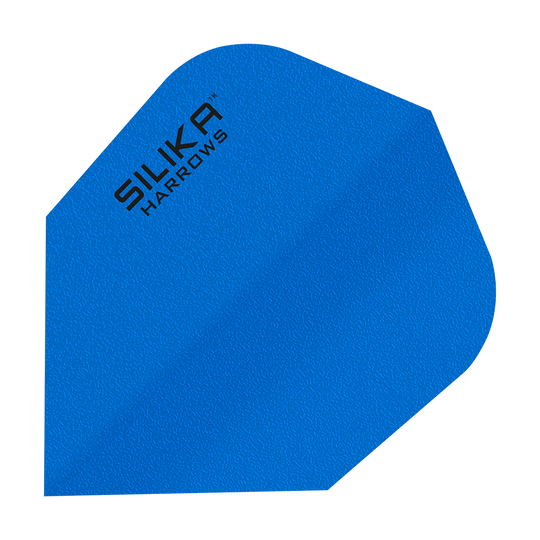 Harrows Silica Solid Tough Crystalline Coating Blue No6 Flights Das Bild zeigt ein blaues Dart-Flight mit der Aufschrift "SILIKA HARROWS". Es handelt sich um das Modell "Harrows Silika Solid Tough Crystalline Coating Blue No6 Flights".