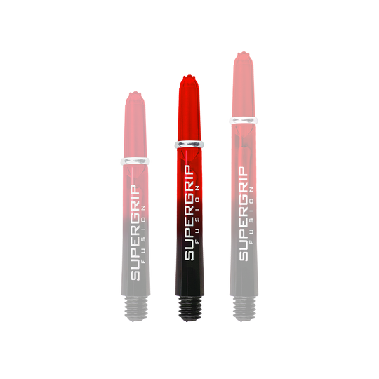 HR343_Harrows_Supergrip_Fusion_Shafts_Rot_40mm_1iStdOaVuc6uL2 Das Bild zeigt drei Harrows Supergrip Fusion Shafts in der Farbe Rot. Die Schäfte sind oben rot und verlaufen nach unten hin in Schwarz mit weißer Aufschrift.