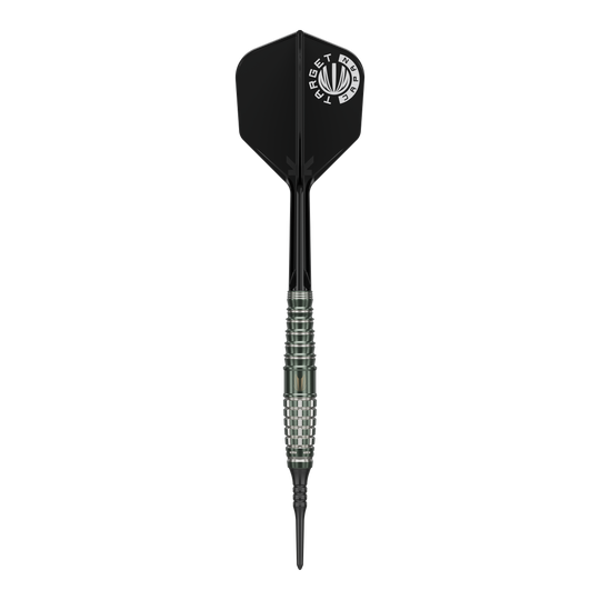 Target Japan Akito Yamagata Scream GEN1 Soft Darts - 19g Das Bild zeigt einen Target Japan Akito Yamagata Scream GEN1 Softdart mit einem Gewicht von 19g. Der Dart hat eine schwarze Spitze, einen silbernen, geriffelten Schaft und eine schwarze Flights mit weißem Aufdruck.
