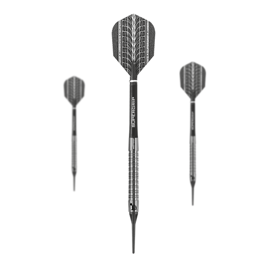 Harrows Supergrip 90% soft darts Das Bild zeigt drei Harrows Supergrip 90% Softdarts mit silbernem, gerilltem Barrel. Die Flights sind schwarz mit einem auffälligen Muster gestaltet.