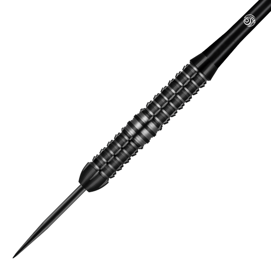 Shot Redline Blazed Steel Darts Das Bild zeigt einen schwarzen Steeldart namens "Shot Redline Blazed". Der Dart hat ein geriffeltes Griffstück für besseren Halt.