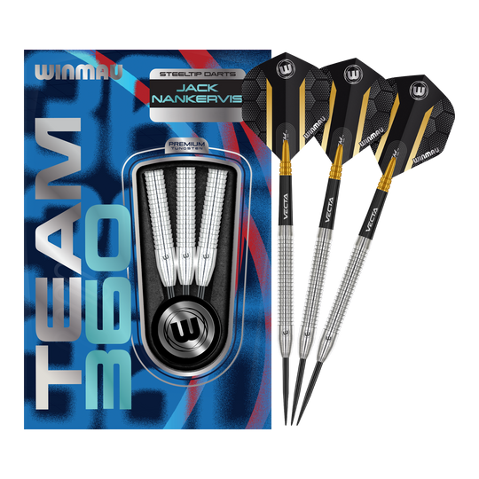 Winmau Team 360 Jack Nankervis steel darts - 24g Auf dem Bild sind die Winmau Team 360 Jack Nankervis Steeldarts mit 24g zu sehen. Diese Steeldarts bieten eine ausgezeichnete Kontrolle beim Wurf.