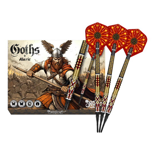 Shot Goths Alaric Soft Darts - 20g Abgebildet sind die Shot Goths Alaric Softdarts - 20g in voller Ansicht. Die gesamte Länge der Darts ist deutlich erkennbar.