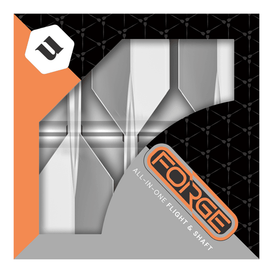 Unicorn Forge All In One Plus No2 Standard Flights Clear - Medium Das Bild zeigt die Verpackung des Produkts „Unicorn Forge All In One Plus No2 Standard Flights Clear - Medium“. Die Verpackung ist in Schwarz, Orange und Grau gehalten und zeigt die Flights und Shafts durch ein Sichtfenster.