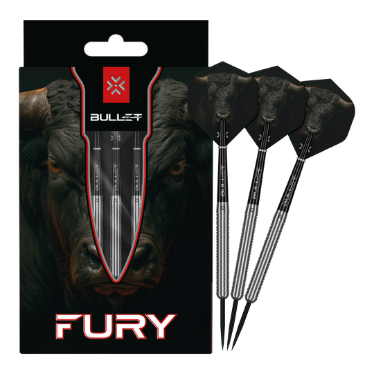 Bullet Fury steel darts Auf dem Bild sind die Bullet Fury Steel Darts vollständig dargestellt. Das Set ist für Dartbegeisterte geeignet.