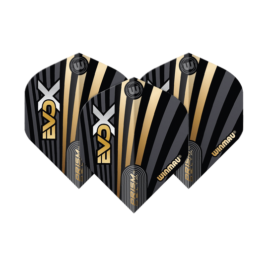 Winmau Prism Delta MvG Evo-X No2 Standard Flights Das Bild zeigt drei Winmau Prism Delta MvG Evo-X No2 Standard Flights. Sie haben ein schwarzes Design mit goldenen und silbernen Streifen sowie dem Winmau-Logo.